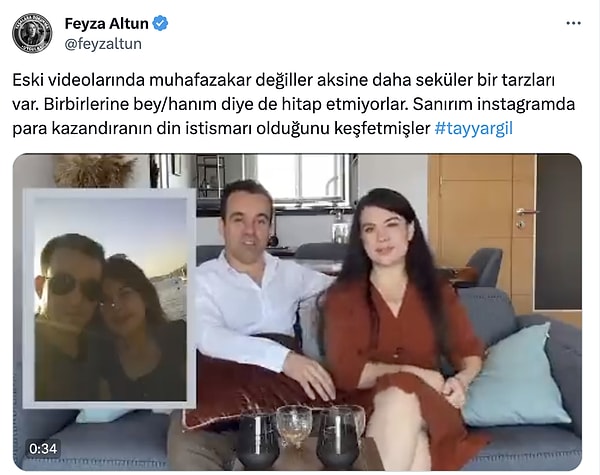 Feyza Altun'un Özlem Öz ve Tayyar Bey'in seküler/muhafazakar tarzlarıyla ilgili yaptığı paylaşımı👇