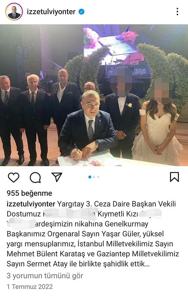 Bunun üzerine gazeteci Alican Uludağ, Yönter’in Yargıtay 3. Ceza Dairesi üyesi hakim H.Y.’nin kızının düğününde nikah şahidi olduğu bir fotoğraf paylaştı..