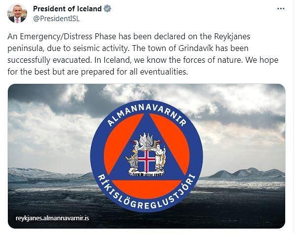 Johanesson, yaptığı açıklamada, “Sismik hareketlilik nedeniyle Reykjanes yarımadasında acil durum ilan edilmiştir. Grindavik kasabası başarılı bir şekilde tahliye edilmiştir. İzlanda'da doğanın güçlerini biliyoruz. En iyisini umuyoruz ancak tüm olasılıklara karşı hazırlıklıyız” dedi.
