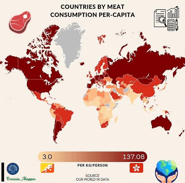 14. Kişi başına et tüketimine göre ülkeler.