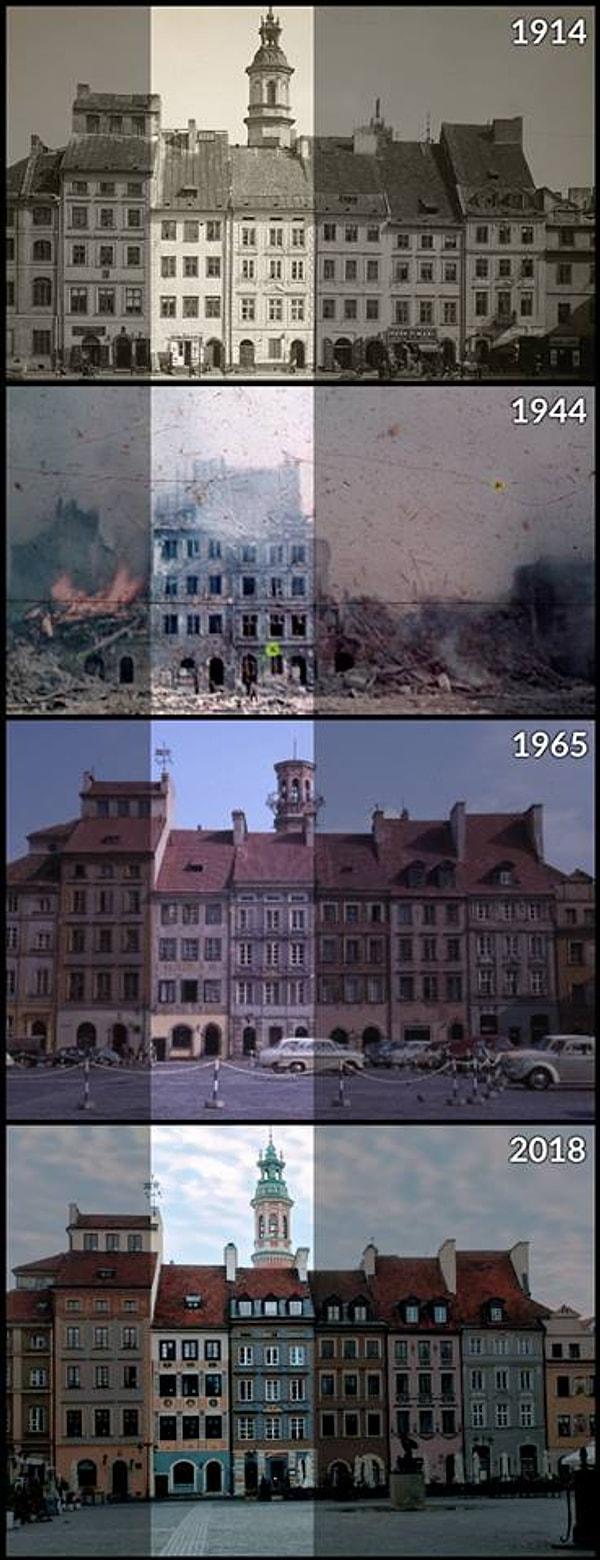 2. Yıllar boyunca Polonya'nın Varşova kentindeki Eski Şehir Pazar Yeri. (1914/1944/1965/2018)