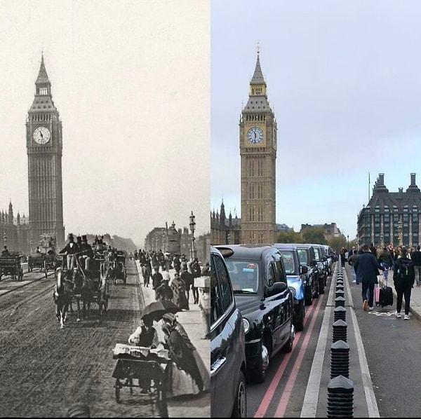 15. Westminster Köprüsü'nden Elizabeth Kulesi. (1869 ve 2022)