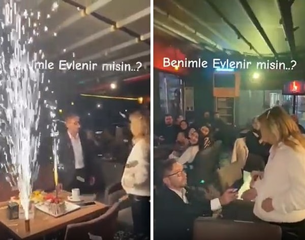 Ardından ise şarkıcıdan mikrofonu alan adam, şiir okuyarak sevdiği kadına evlenme teklifi etti. Evet cevabı ile de yüzük kadının parmağına takıldı.