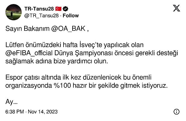 Esporcu Tansu Aksoy, Spor Bakanı Osman Aşkın Bak'a daha fazla destek görmek istediklerini iletti.
