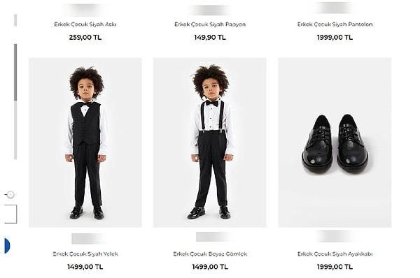 İnternet sitesindeki fiyatlara göre bir çocuk smokin takımı ayakkabı dahil, 10 bin 403 lira 90 kuruşa mal oluyor. Smokin takımını oluşturan parçaların tek tek fiyatları ise şöyle: Erkek çocuk siyah askı 259 TL, siyah papyon 149.90 TL, siyah pantolon 1999 TL, siyah yelek 1499 TL, beyaz gömlek 1499 TL, siyah ayakkabı 1999 TL, siyah ceket 2 bin 999 TL.