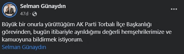 Gelen tepkiler sonrası istifa eden Günaydın, bu kararını sosyal medyadan paylaşmıştı.