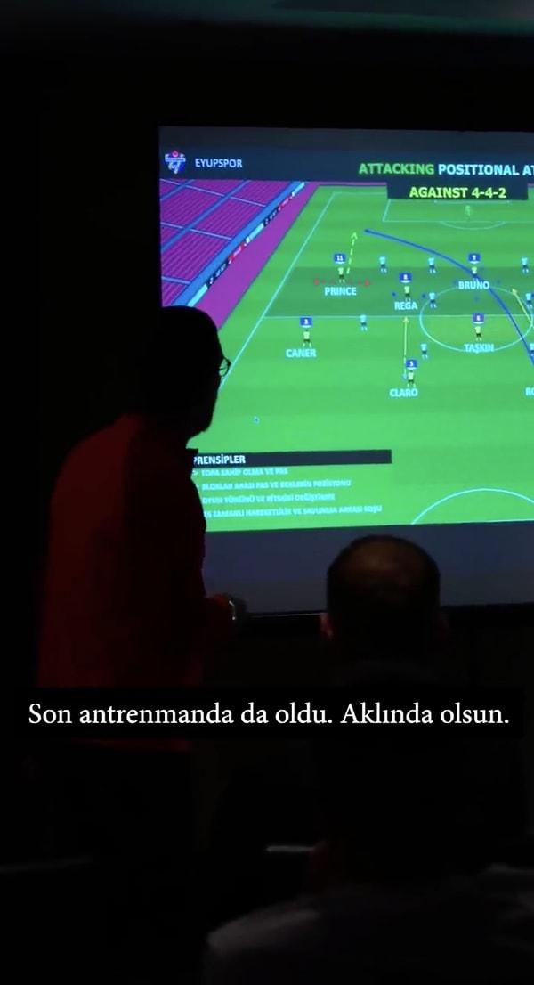 Atılan iki golün maç öncesi toplantısında harfiyen çalışıldığı görüntülerde Arda Turan oyuncularından defans arkası koşular istiyor.