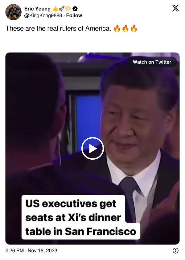 "Bunlar Amerika'nın gerçek yöneticileridir" diye de lanse edilen videoda, ABD Başkanı Biden'in olmadığı anlaşılan videoda, Çin Devlet Başkanı Xi Jinping ve ABD'nin önemli şirketlerinin üst yöneticileri görünüyor. Dev şirket ve CEO kelimeleri de yan yana gelince komplo teorileri bitmiyor.