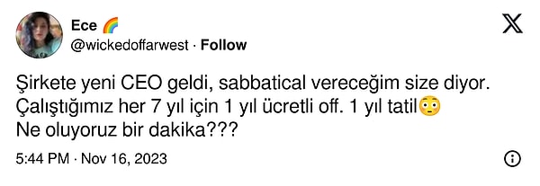 Sosyal medyada paylaşım yapan bir çalışan da şirketlerine yeni gelen CEO'nun sabbatical vereceğini açıkladı.