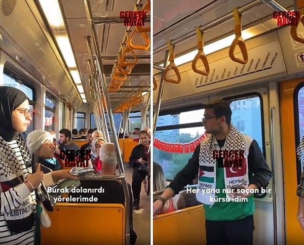 Adana'da da bir genç Filistin için metroda şiir okudu. O genç ise bir vatandaşın tepkisini çekti. O vatandaş, "Doğu Türkistan’da Türkler ölüyor, ağzını açtın mı lan" dedi.