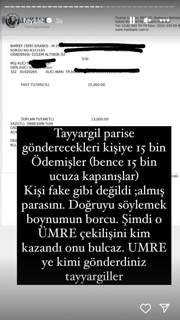 Avukat Feyza Altun, "Tayyargiller" olarak adlandırdığı Özlem Öz ve Dr. Tayyar Öz çiftininin Paris çekilişini kazanan takipçilerine 15 bin TL gönderdiklerini açıkladı.