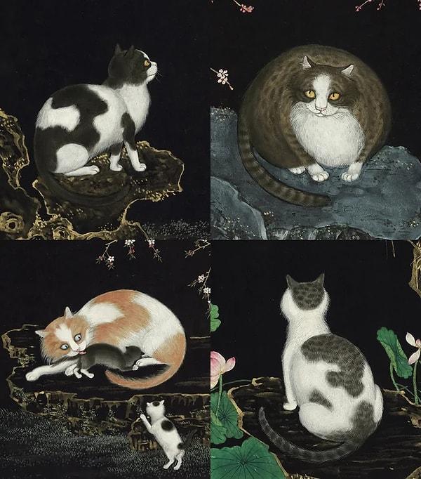 9. Qing hanedanlığından kalma kağıt üstünde çizimlerde tasvir edilen birkaç kedi. (1851-1874)