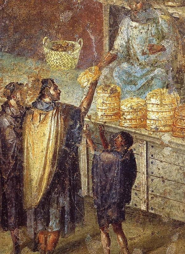 12. Pazarda gerçekleşen ekmek satışının resmedildiği, Pompeii şehrinde keşfedilen Roma freski.