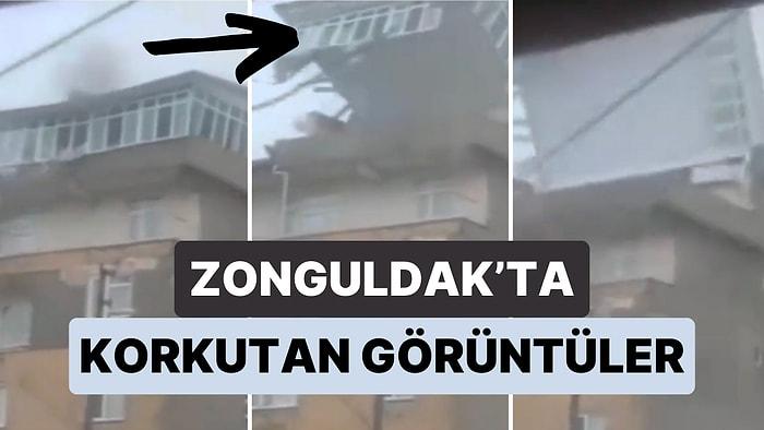 Zonguldak'ta Fırtına Sebebiyle Bir Apartmanın En Üst Katında Bulunan Yapı Uçtu