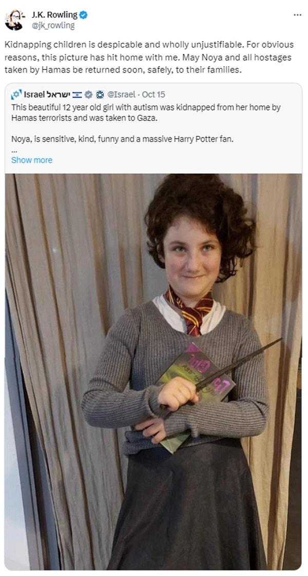 The globally renowned author of the Harry Potter series responded to the Israeli government's call, urging on Twitter for the release of the hostage girl and her grandmother.