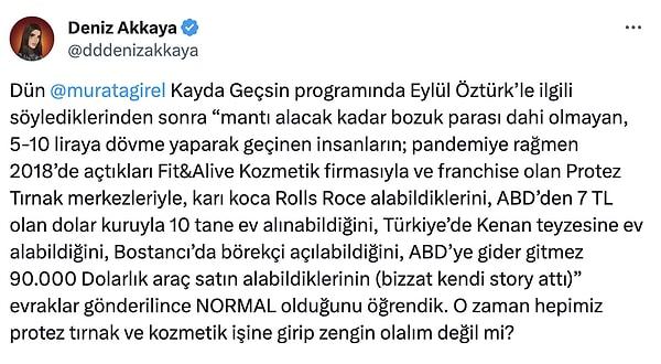Deniz Akkaya ise sosyal medya hesabında, Murat Ağırel'in canlı yayında her şeyi "normal" olarak göstermesinin altını çizerek aşağıda yaptığı paylaşımla bu durumu sorguladı.👇