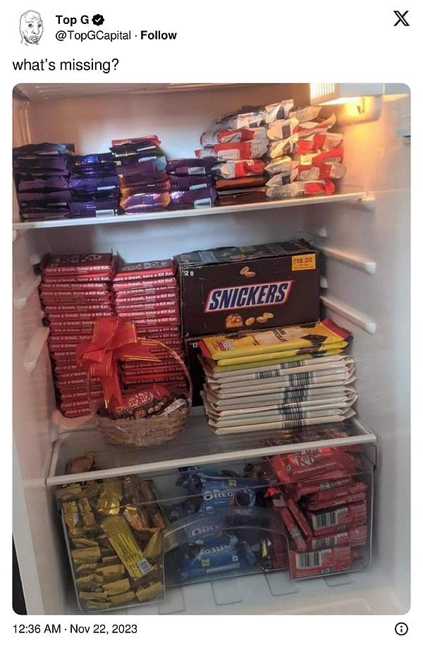 Twitter'da (X) bir kullanıcı, envai çeşit çikolatanın dolu olduğu bir buzdolabını paylaşarak 'Burada ne eksik?' diye sordu.