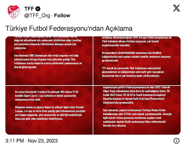 Türkiye Futbol Federasyonu, Süper Kupa müsabakasının yerini ve tarihini açıkladı.