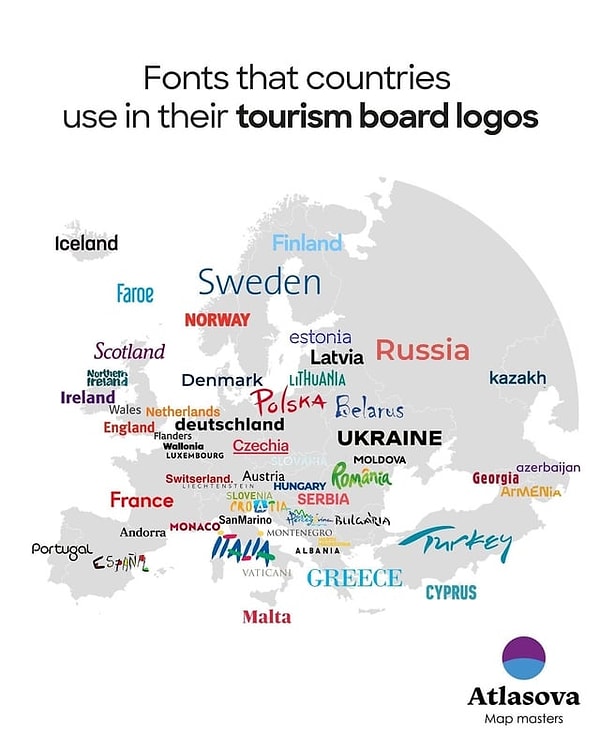 13. Ülkelerin turizm kurulu logolarında kullandıkları yazı tipleri.
