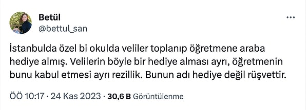 Bir Twitter kullanıcısı, İstanbul'daki özel okuldaki öğretmene veliler tarafından araba hediye edildiğini iddia etti.