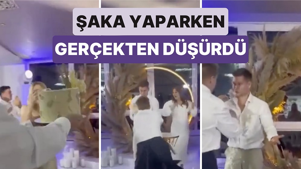 Pastayı Düşürüyormuş Gibi Yapmak İsterken Gerçekten Düşüren Garson Damadın Kıyafetini Mahvetti