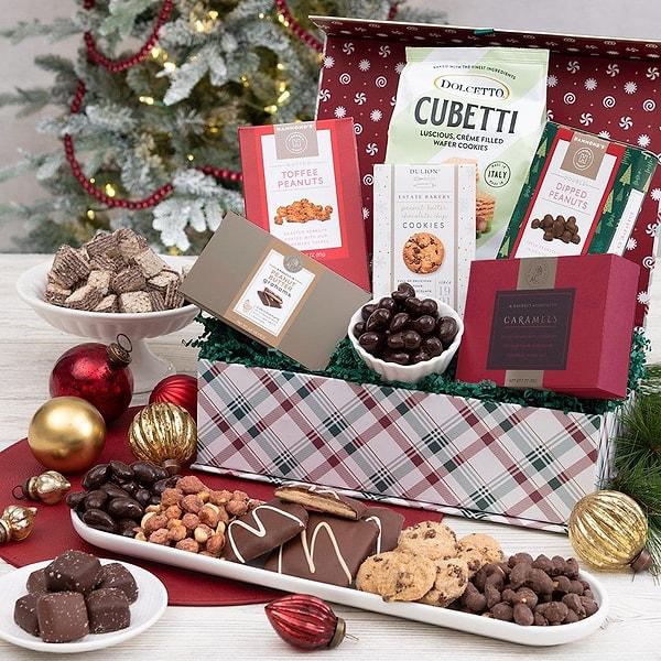 You'd find a basket filled with gourmet chocolates and sweets from Santa Claus.