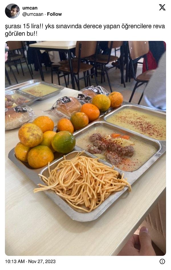Bir sosyal medya kullanıcısı, yemekhane ücretine isyan ederken tabağındaki mandalinaların bolluğu dikkat çekince konu bambaşka yerlere gitti!