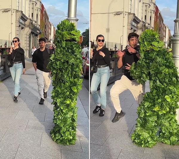 Ağaç kostümü giyerek sokaktan geçenleri korkutan fenomen bir Türk gencini de korkuttu.