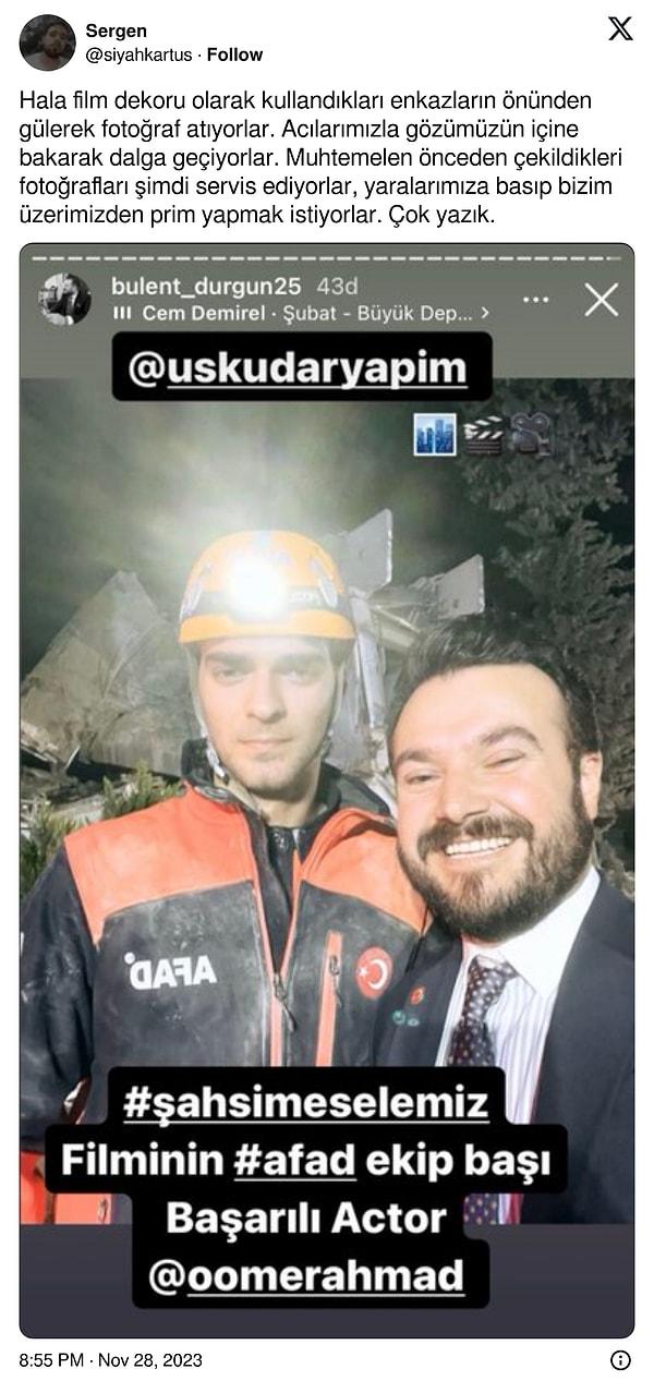 Filmin yapımcısı Bülent Durgun'un enkaz önünde gülümserken paylaştığı selfie tam da bu yüzden yeniden tepkileri alevlendirdi.