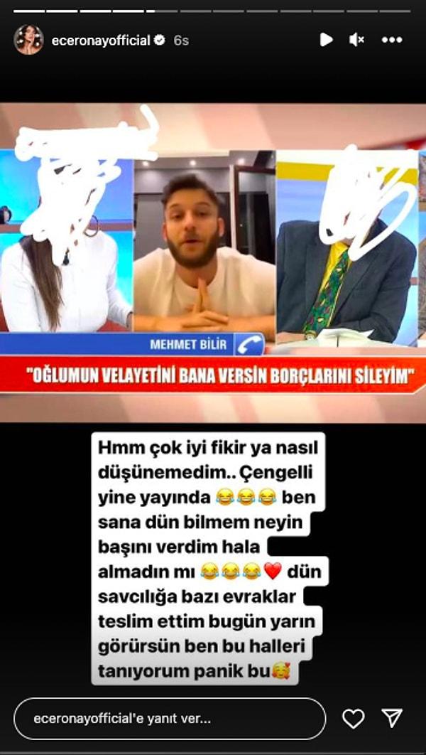 Bunun üstüne Mehmet Bilir'in, katıldığı televizyon canlı yayınında "Oğlumun velayetini bana versin borçlarını sileyim" dediğini gören Ece Ronay sinirlerine hakim olamadı.