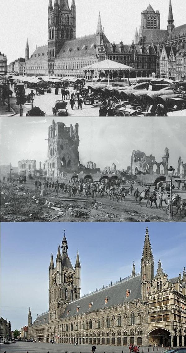 1. 1. Dünya Savaşı'ndan önce, 1. Dünya Savaşı sırasında ve şimdi “Ypres” (Ieper) şehri.