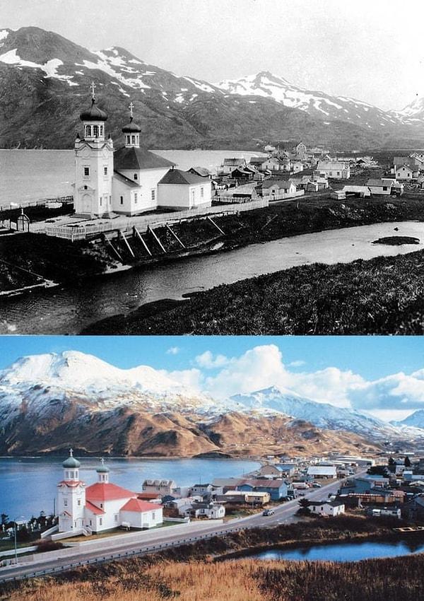 4. Rus Ortodoks Kilisesi ve Unalaska kasabasının genel görünümü, Alaska.