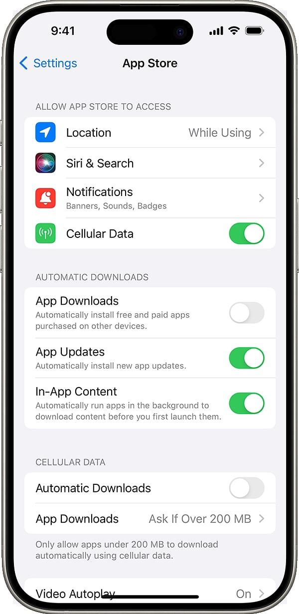15. App Store'dan gelen otomatik güncellemeler bataryanızı zorlayabilir, bu nedenle Ayarlar > App Store bölümünde otomatik güncellemeleri kapatıp gerektiğinde manuel olarak yapmayı tercih edin.