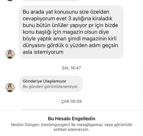 Murat Ağırel'e Instagram'dan mesaj atan Neslim Güngen, eşinin kendisine hediye olarak yat almış gibi göstermesinin sebebini ise "Bunu bütün ünlüler yapıyor biz de PR için yaptık" şeklinde açıklıyor. İşte o mesaj👇