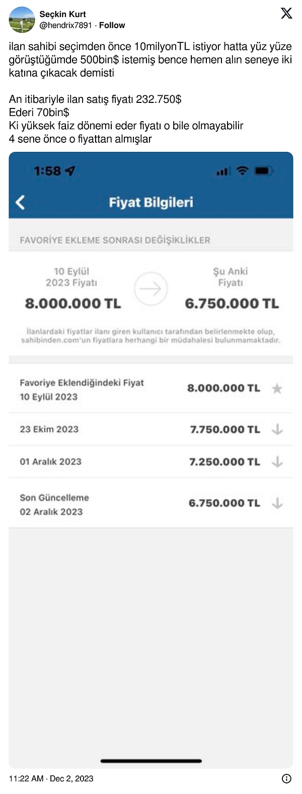 Seçkin Kurt isimli bir kullanıcı x'te (Twitter'd) yaptığı paylaşımda seçim öncesinde mayıs ayı döneminde 10 milyon TL olan evin fiyatındaki değişimi paylaşırken, bir yandan da dolar bazında hesapladı.