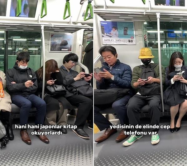 Mert Aktaş'ın kaydettiği görüntüye göre ise hiç de söylendiği gibi değilmiş... Japonya'da da insanlar metroda kitap okumuyor, cep telefonlarıyla ilgileniyorlar...