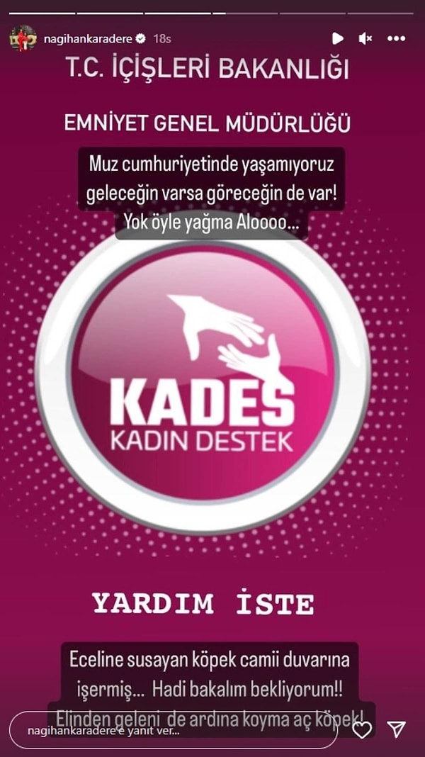 Karadere sosyal medya hesabında yaptığı paylaşımda “Muz cumhuriyetinde yaşamıyoruz. Geleceğin varsa göreceğin de var. Yok öyle yağma… Eceline susayan köpek camii duvarına işermiş… Hadi bakalım bekliyorum!!! Elinden geleni de ardına koyma aç köpek!" demişti.