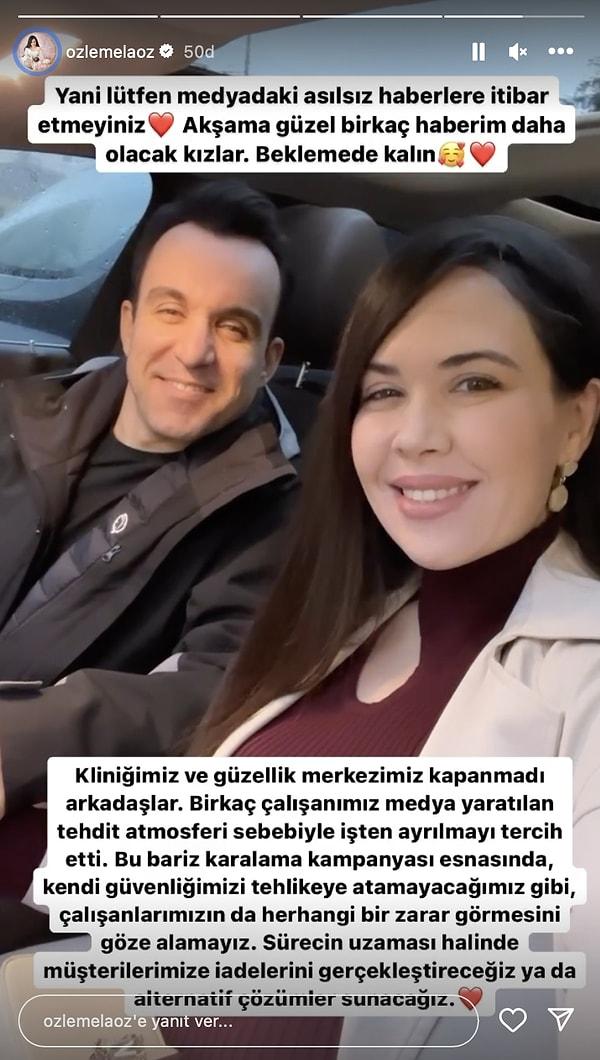 Ayrıca, tüm hesaplarından eşi Tayyar Öz'le beraber bir fotoğrafını paylaşarak "Medyadaki asılsız haberlere itibar etmeyiniz. Bu bariz bir karalama kampanyasıdır" dedi ve çalışanlarının zarar görmesini göze alamayacağının altını çizdi.