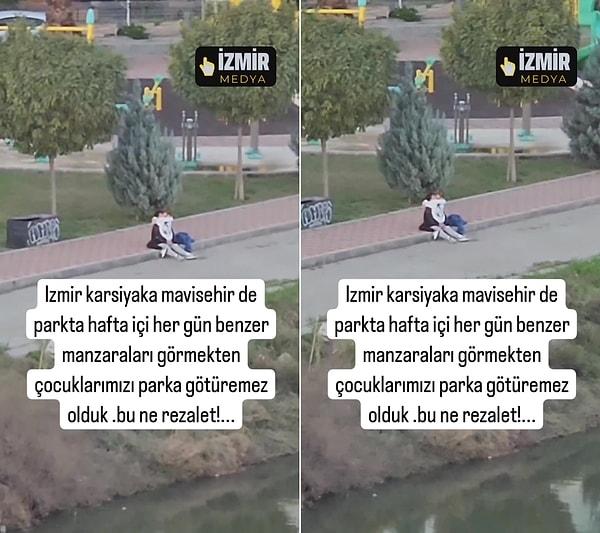 O anları kaydeden vatandaş yaptığı paylaşımda, "İzmir Karşıyaka Mavişehir'de parkta hafta içi her gün benzer manzaraları görmekten çocuklarımızı parka götüremez olduk. Bu ne rezalet" dedi.