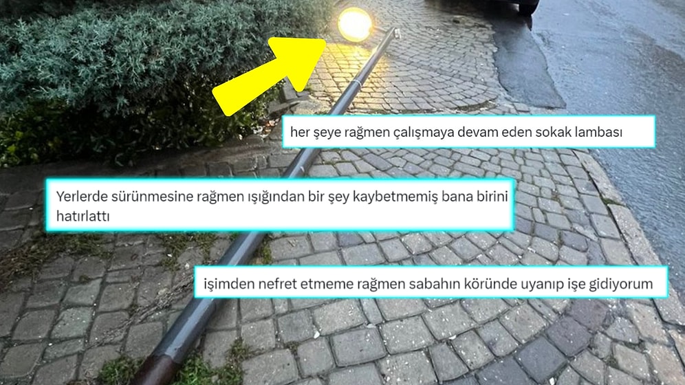 Devrilmesine Rağmen Çalışmaya Devam Eden Sokak Lambasına Yapılan Çok Konuşulacak Benzetmeler