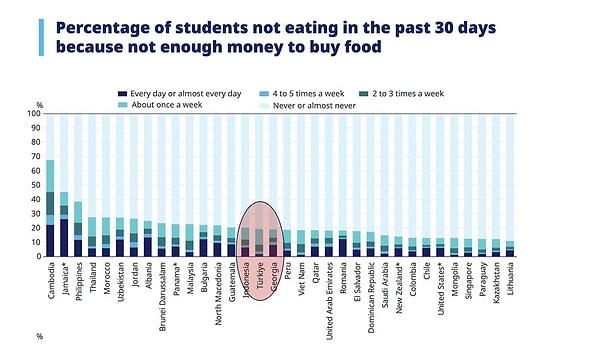 Ancak verilerin içinde ilgi çeken bir sonuç daha yer aldı. "Son 30 gün içinde yemek alacak parası olmadığı için" öğün atlayan çocuklar. OECD ortalaması yüzde 8 olurken, Türkiye ortalaması yüzde 19,3 oldu.