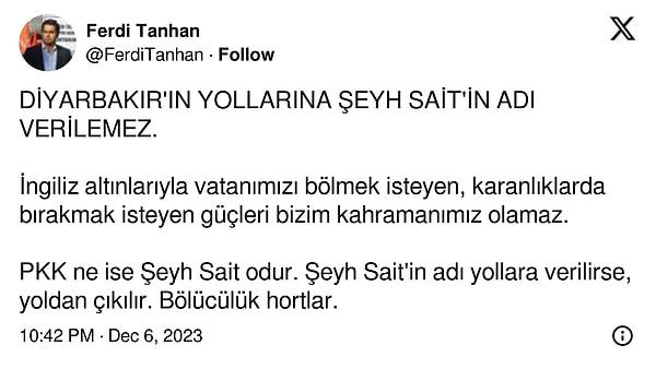 Vatan Partisi Genel Başkan Yardımcısı ve Diyarbakır İl Başkanı Ferdi Tanhan, yapımı devam eden çevre yolunun, isminin ‘Şeyh Sait Bulvarı' olması hakkında Twitter'da yazdı.👇🏻
