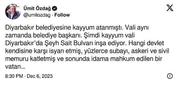 Ümit Özdağ ise Twitter hesabından yaptığı paylaşımda "Madem Şeyh Sait bulvarı yapacaktınız neden kayyum atadınız?" diye sordu.