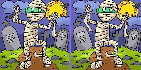 Gece mezarlıkta yürüyen bir mumyanın olduğu bu iki resimde üç farklılık bulunuyor.