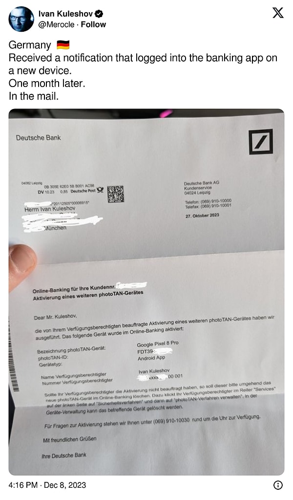 X hesabından paylaşımda bulunan mühendis, bankasının "yeni bir cihazda bankacılık uygulamasına giriş yapıldı" bildirimini olaydan bir ay sonra mektupla kendisine ulaştığını belirtiyor.