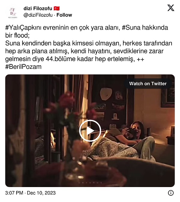 Yalı Çapkını'ndaki Suna karakterini derinlemesine analiz eden @diziFilozofu adlı kullanıcı, Suna'nın anlatılmayan hikâyesine resmen perde aralıyor.