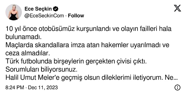 Halil Umut Meler'e geçmiş olsun dileklerini ileten Ece Seçkin, "Bir şeylerin çivisi gerçekten çıktı. Sorumluları biliyorsunuz" dedi.