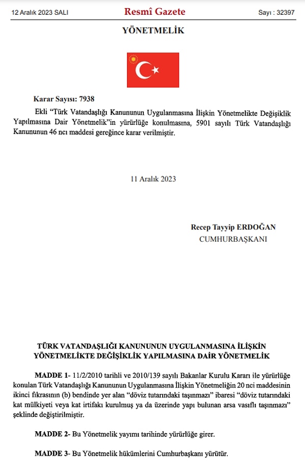 Düzenleme, bugün itibarıyla yürürlüğe girdi. Artık yabancılar, arsa alımlarında üzerinde taşınmaz varsa satın alım yapabilerek vatandaşlık alabilecek. Kısaca yabancıların arsa alımına bir anlamda sınırlama geldi.