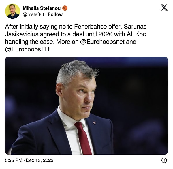 Yunan gazeteci Mihalis Stefanou, Fenerbahçe Beko'nun başantrenörlük görevi için Sarunas Jasikevicius ile 2026 yılına kadar sözleşme imzaladığını yazdı.