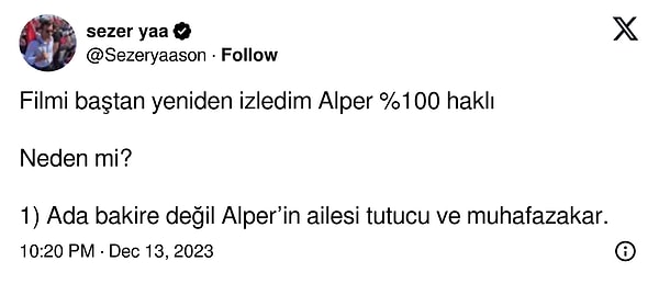 Ama bir yorum vardı ki sinirlerimizi aşırı derecede zıplattı! Bir Twitter kullanıcısı, Alper'in Ada'nın ayrılma nedenini, Ada'nın bakire bir kadın olmamasına yormuştu!